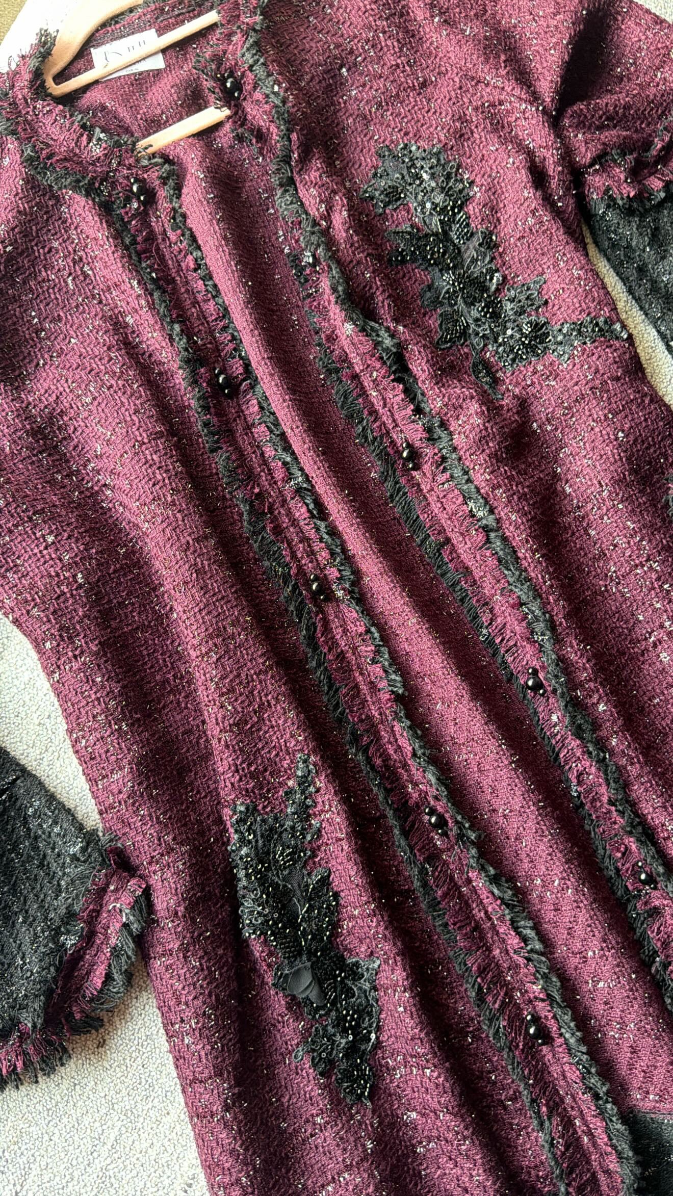 Black and maroon frayed tweed coat with motif details