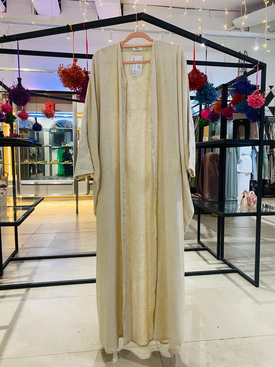 Beige linen abaya with details