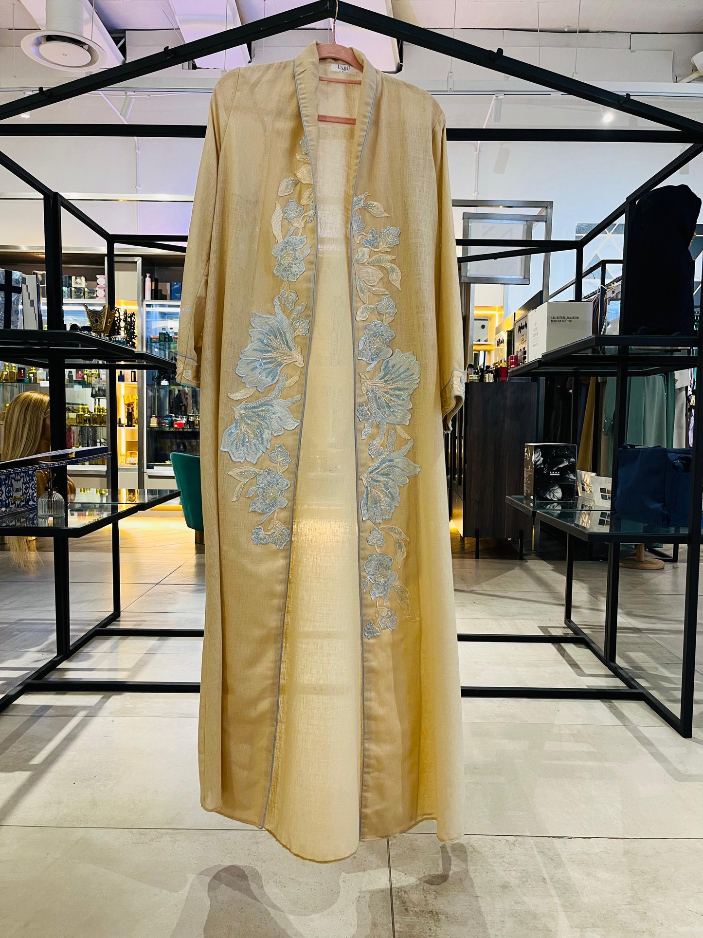 Linen abaya with embroidered and beadwork details
