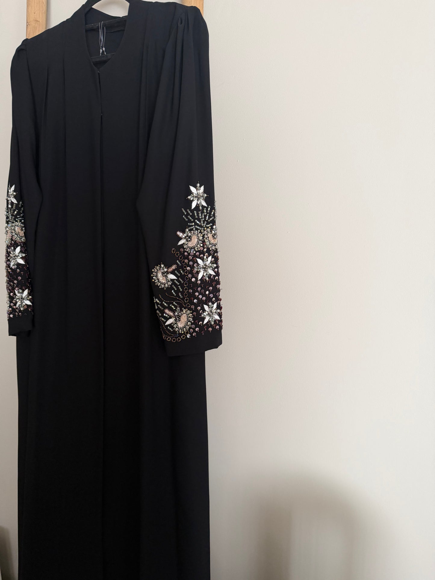 Black pleated abaya with beaded sleeves
