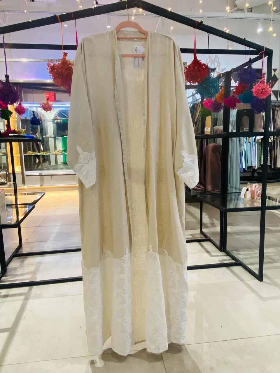 Beige linen abaya with details