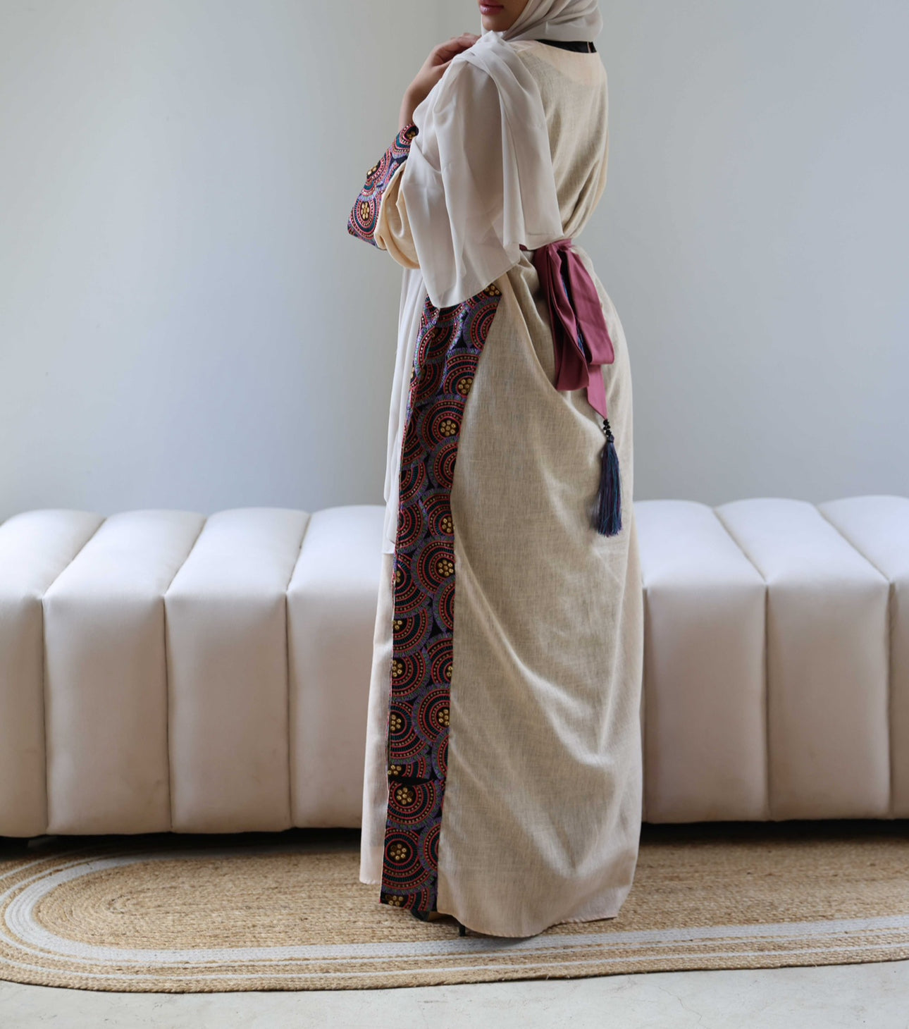 Maxi beige linen dress with embroidered details