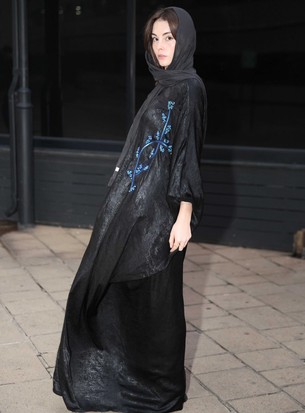 Black kaftan blue hand beaded work
