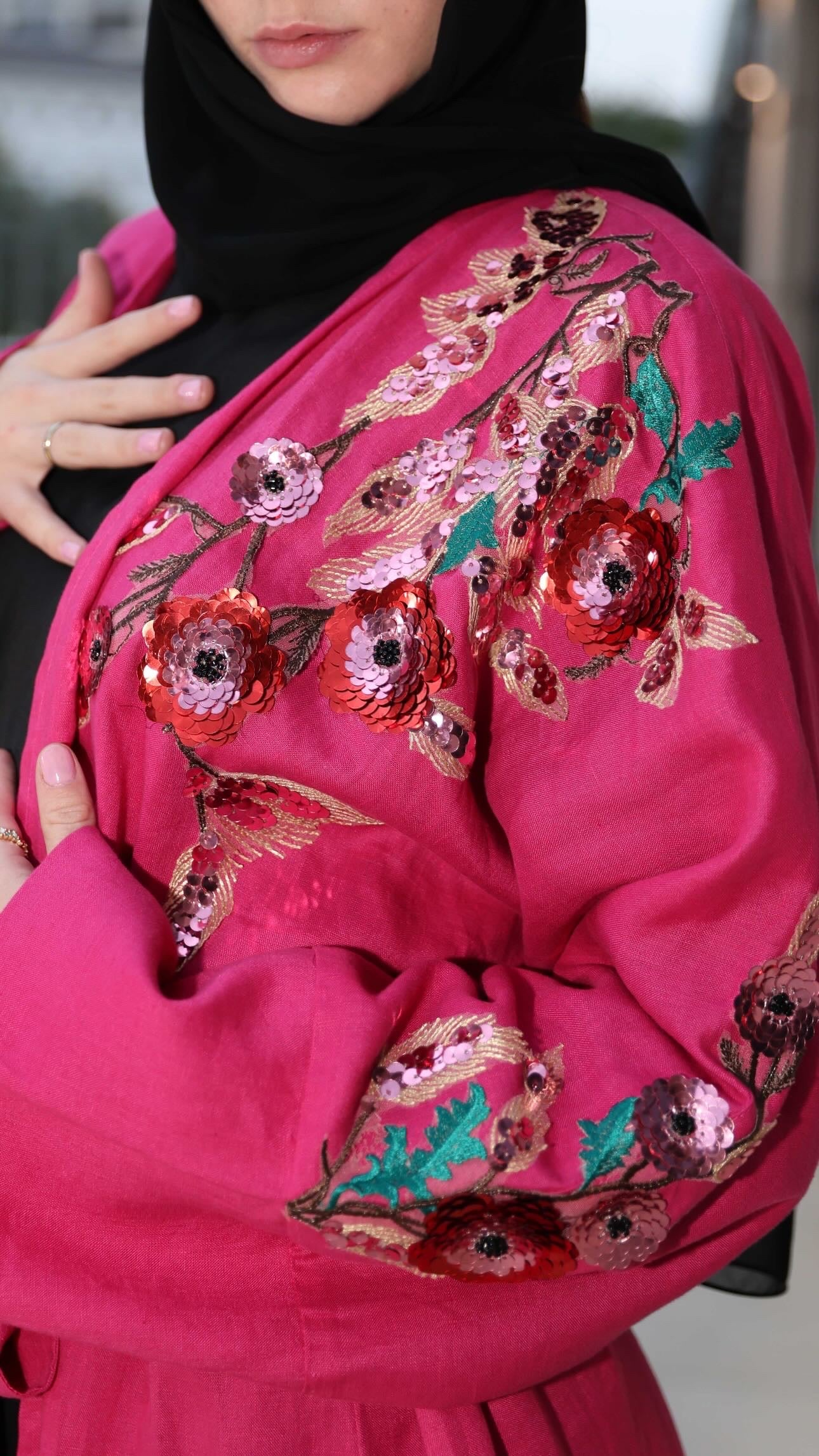 Hot pink sequin linen abaya
