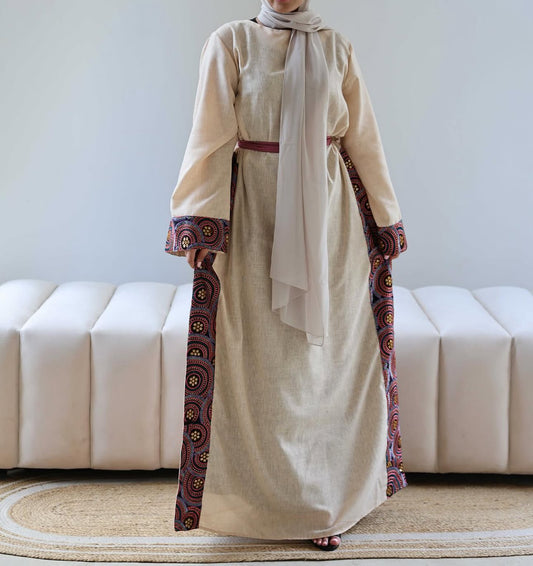 Maxi beige linen dress with embroidered details