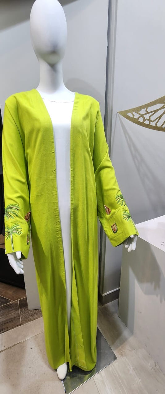 Embroidered and beaded sleeve lime green abaya