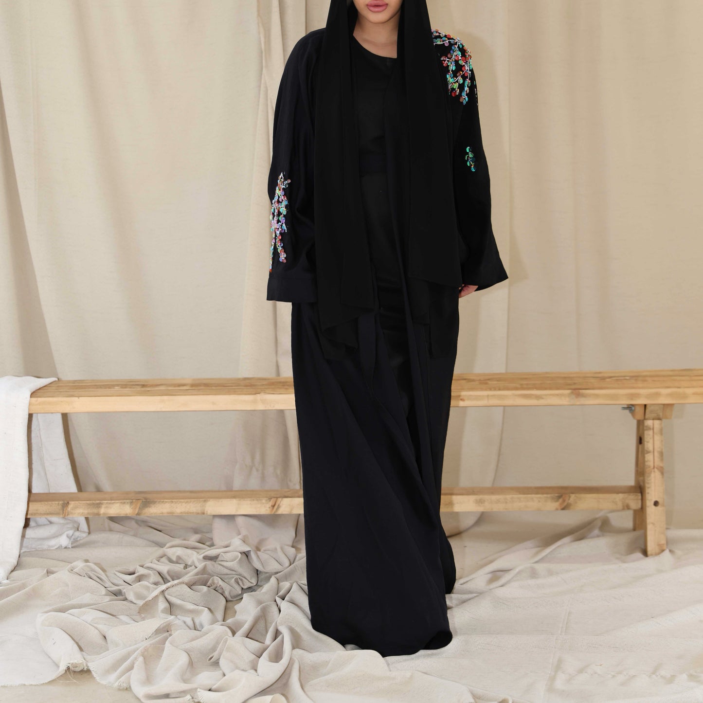 Black abaya with multicoloured beadwork
