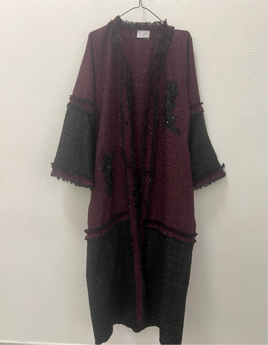 Black and maroon frayed tweed coat with motif details