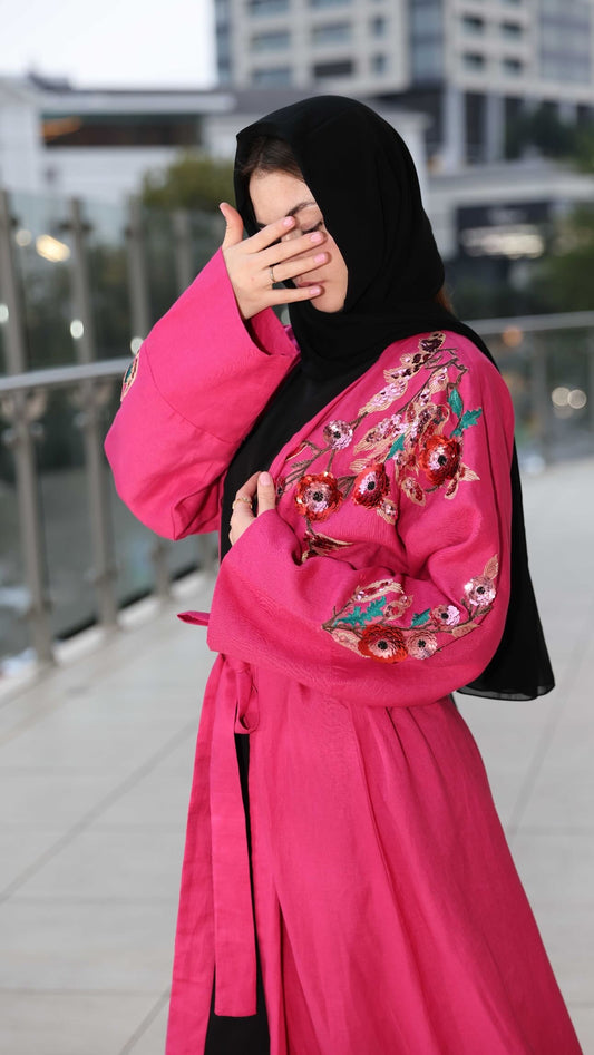 Hot pink sequin linen abaya
