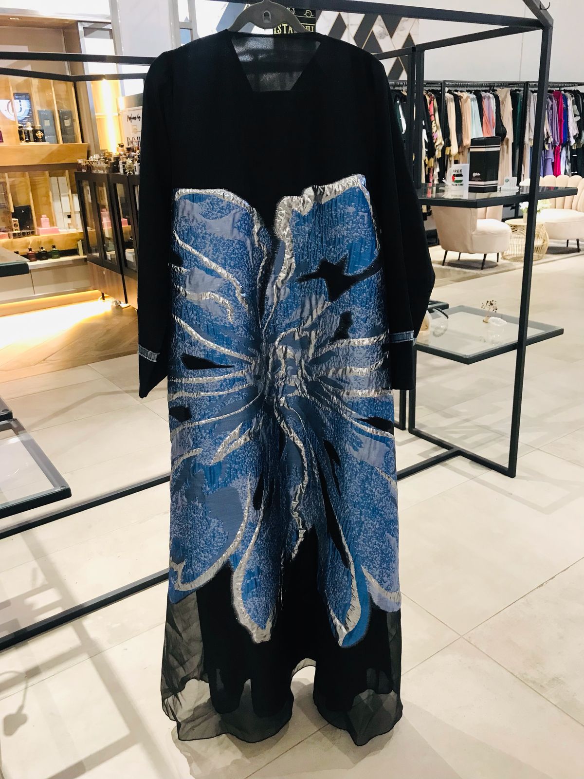 Blue & silver organdy brocade abaya (scarf incl)