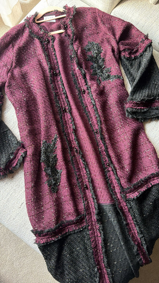 Black and maroon frayed tweed coat with motif details