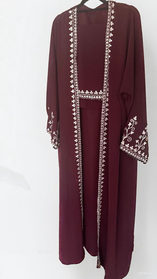 Embroidered maroon abaya with matching scarf