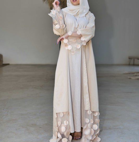Beige linen abaya with organza details