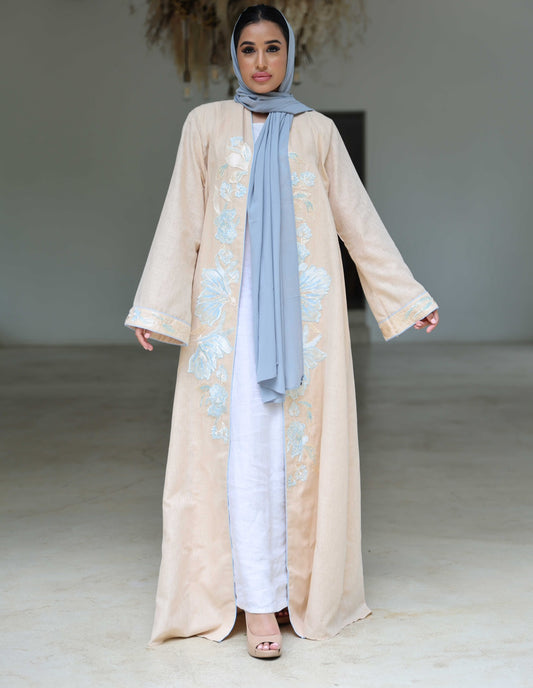 Linen abaya with embroidered and beadwork details