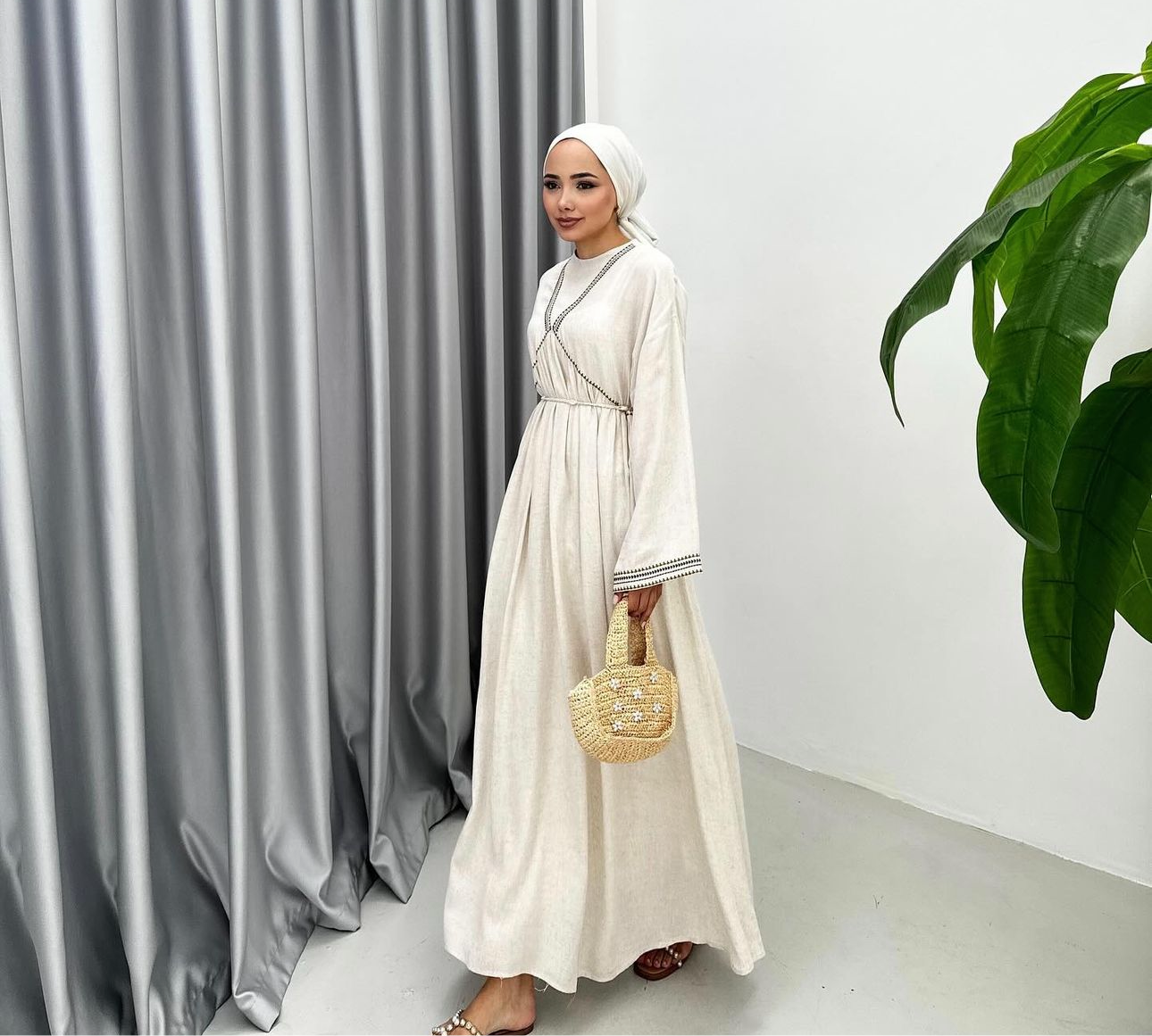 Beige linen printed dress