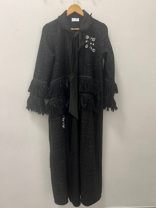 Maxi black tie up tweed coat with flower & frayed details