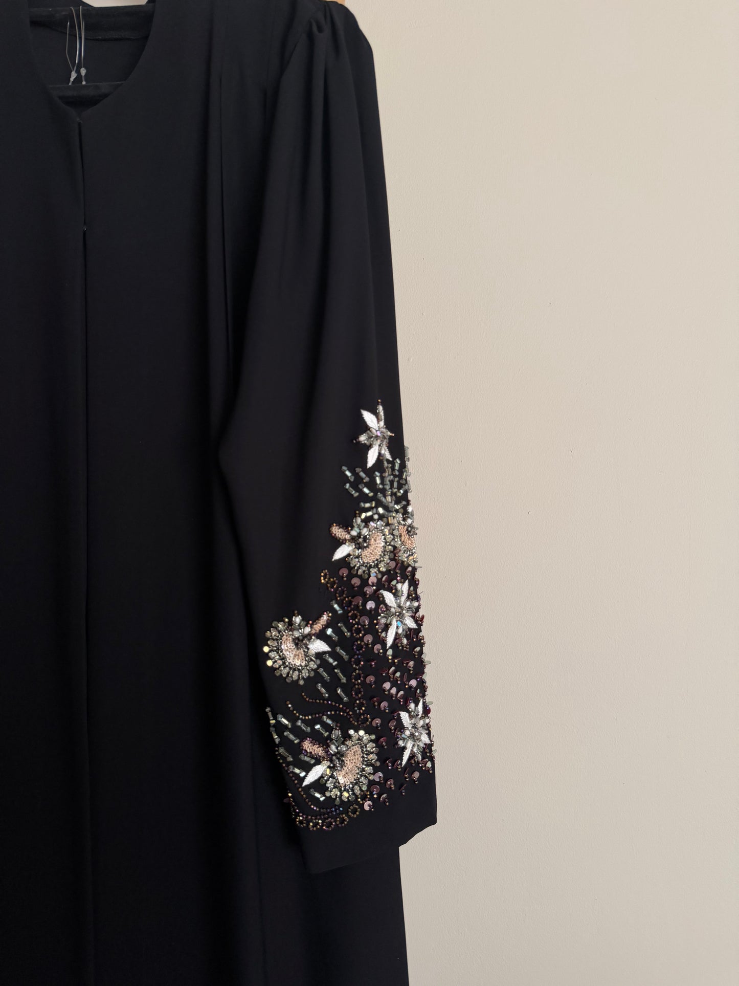 Black pleated abaya with beaded sleeves
