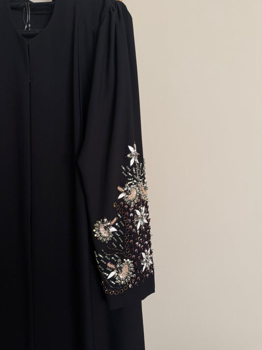 Black pleated abaya with beaded sleeves