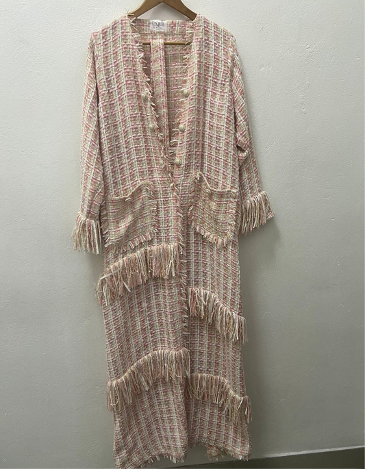 Maxi pink frayed tweed coat with button and pocket details