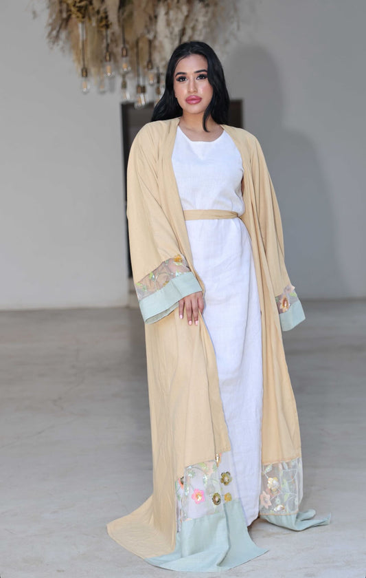 Beige linen abaya with sequin details