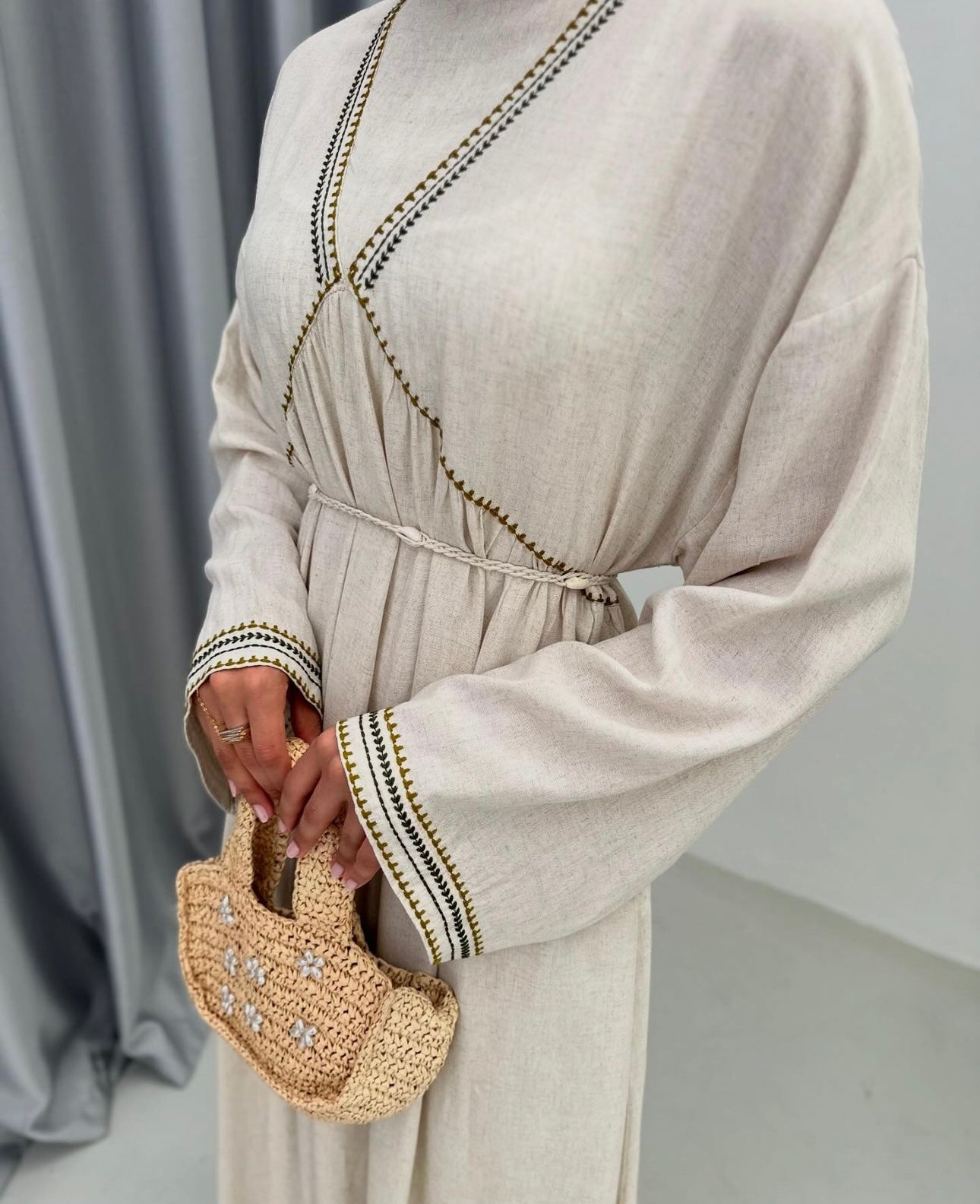Beige linen printed dress