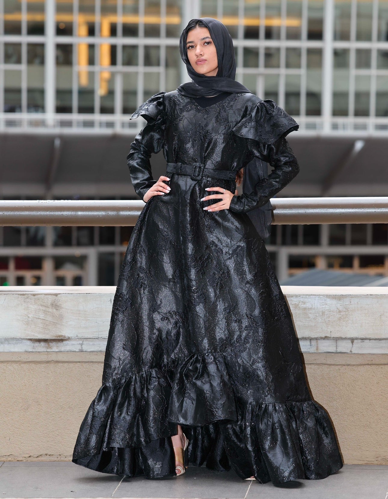 Maxi black frill brocade dress with belt