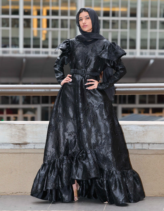 Maxi black frill brocade dress with belt