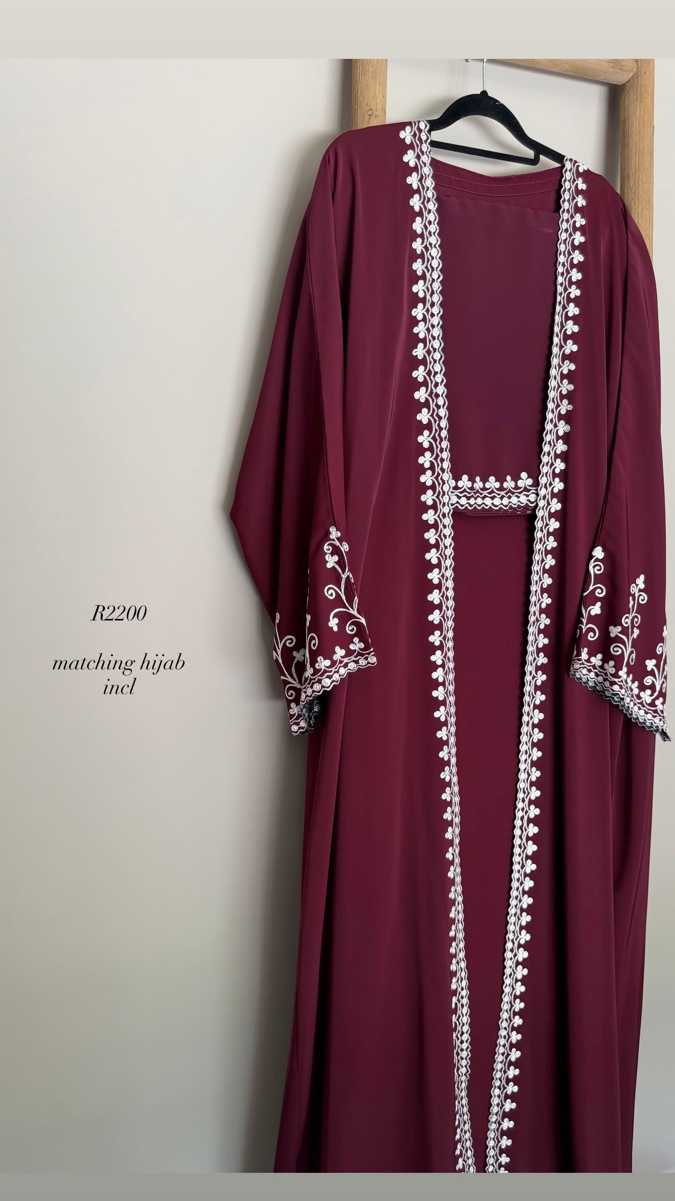Embroidered maroon abaya with matching scarf