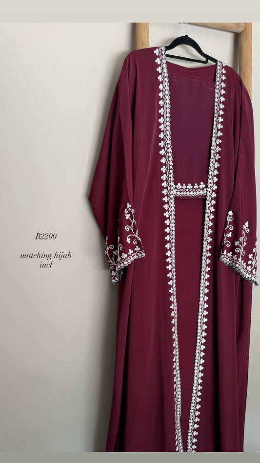 Embroidered maroon abaya with matching scarf