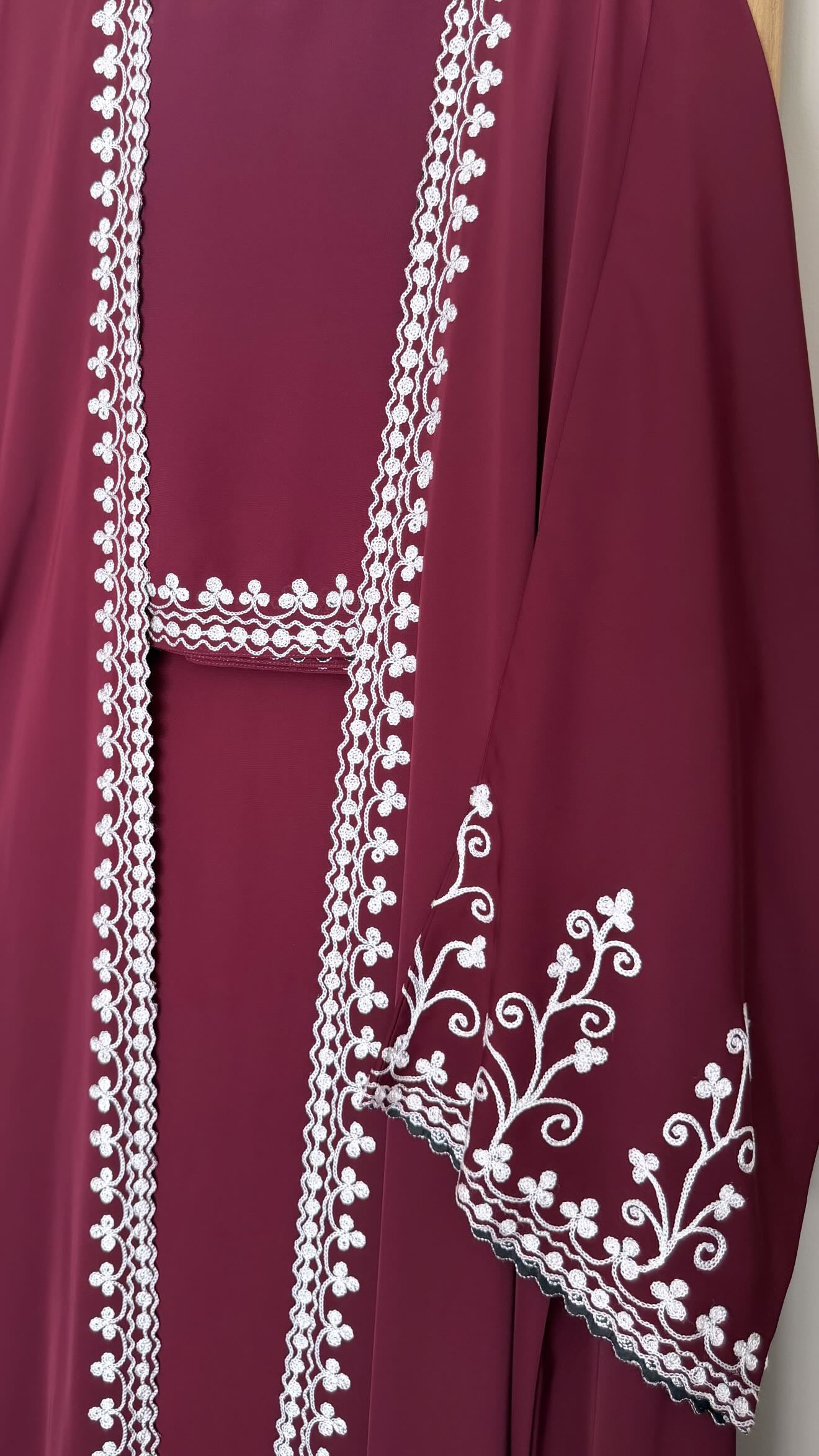 Embroidered maroon abaya with matching scarf