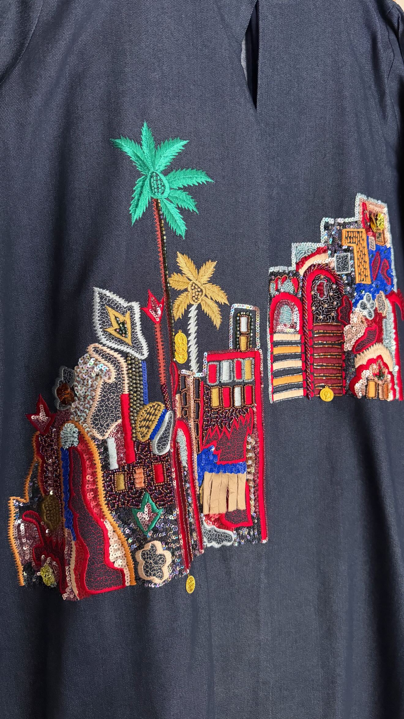 Exclusive hand beaded and embroidered denim abaya