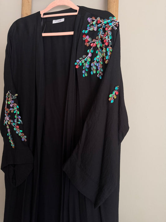 Black abaya with multicoloured beadwork