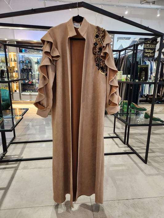 Maxi suede tan frill sleeve beaded coat